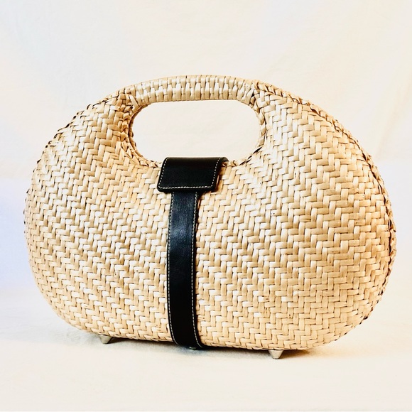 Rafe New York Woven Rattan Straw Handbag with Brown Leather Trim - Picture 6 of 12